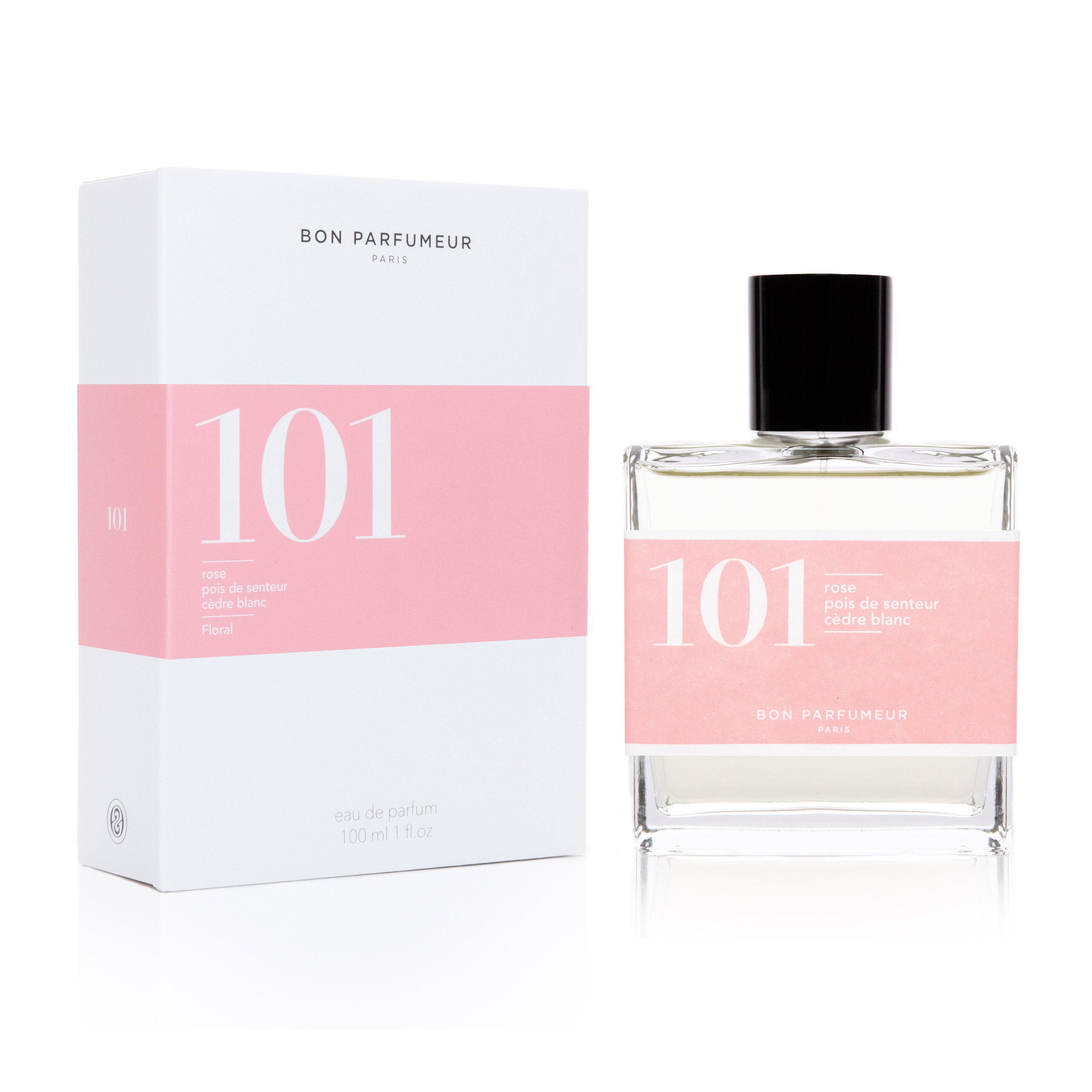 Bon Parfumeur - Collection Floral Eau de Parfum 101 au rose, pois de senteur et cèdre blanc. Existe en 30ml et 100ml.