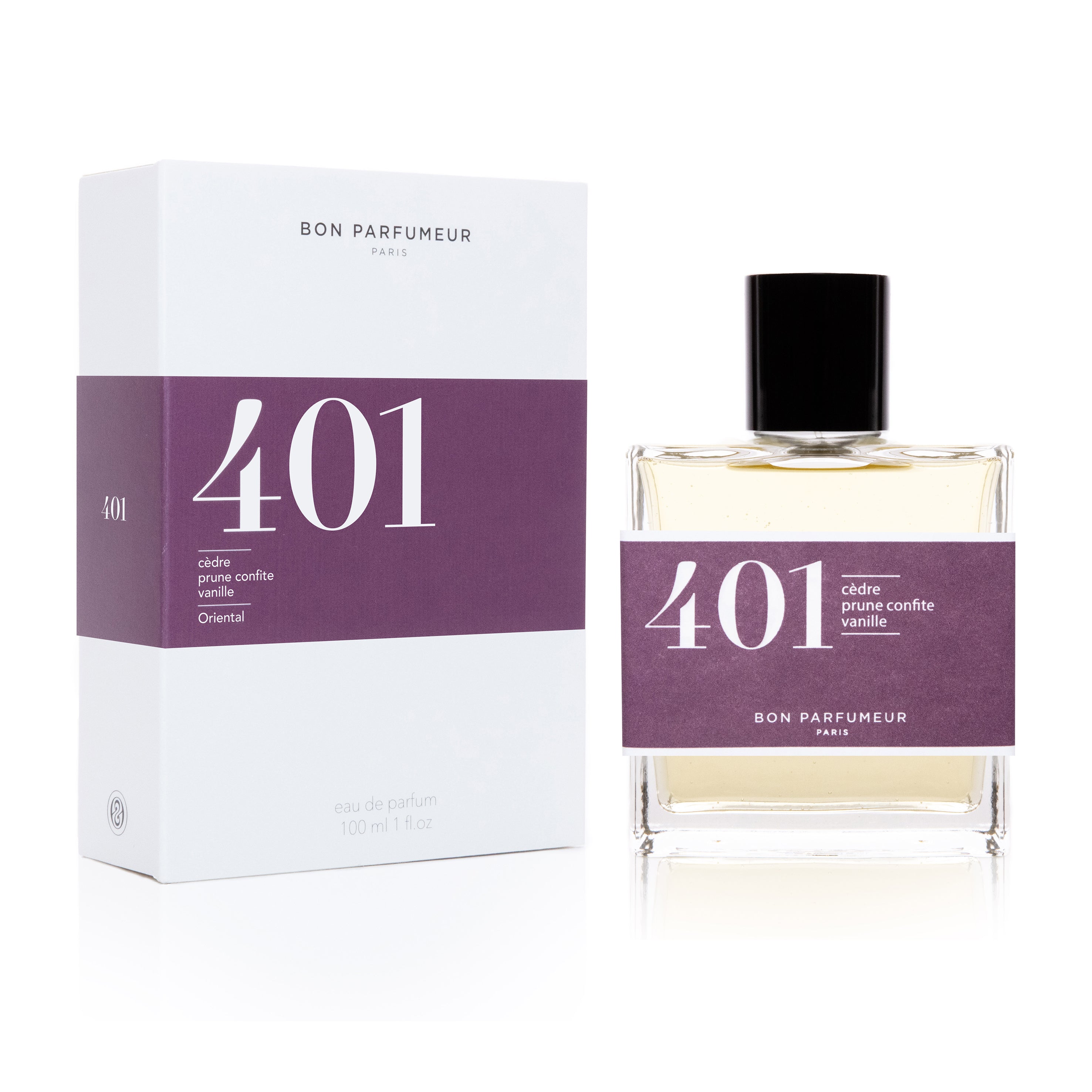 Bon Parfumeur - Collection Vanille & Musc Eau de Parfum 401 cèdre, prune confite et vanille. Existe en 30ml et 100ml.