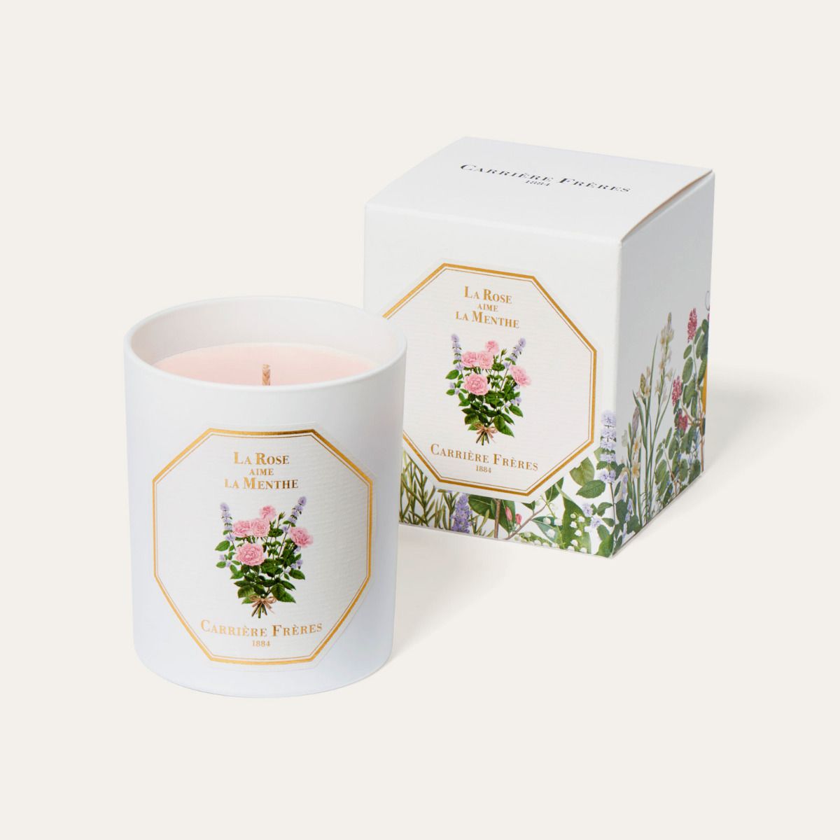 Carrière Frères Bougie Parfumée 185g parfum La Rose aime la Menthe à base de cire 100% végétale avec packaging